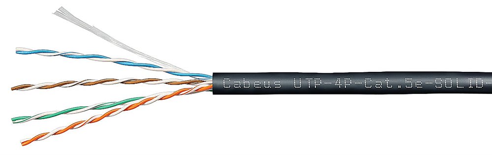 Cabeus UTP-4P-Cat.5e-SOLID-OUT-LSZH-UV - Кабель витая пара UTP (U/UTP), категория 5e, 4 пары (24 AWG), одножильный, для внешней прокладки (+75 C - -40), LSZH-UV (305 м)