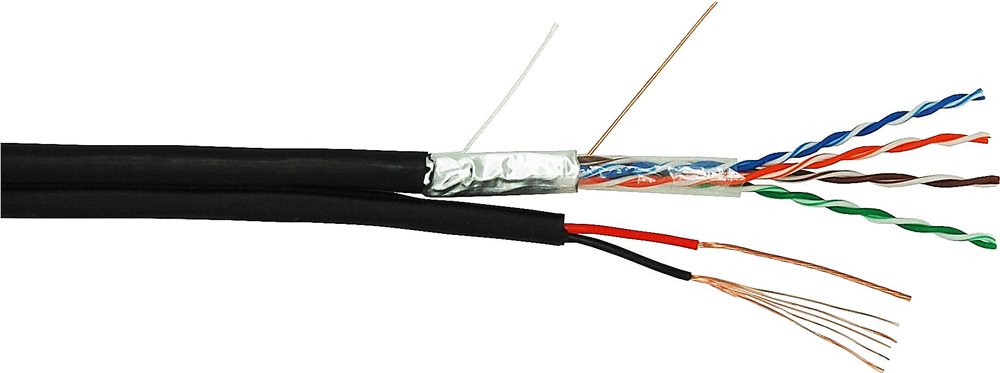 EC-UF004-5E-PC075-PE-BK - Кабель NETLAN F/UTP 4 пары, Кат.5e (Класс D), 100МГц, одножильный, BC (чистая медь), с многожильным силовым кабелем 0,75мм2, внешний, PE до -40C, черный, 305м