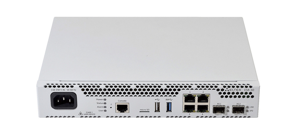 ESR-30 FSTEC - Межсетевой экран A4, 4x10/100/1000BASE-T, 2x10GBASE-R/1000BASE-X (SFP+/SFP), 1xUSB 2.0, 1xUSB 3.0, 1 слот для micro-SD карт, 4 ГБ RAM, 8 ГБ Flash, 220 В АС, Eltex
