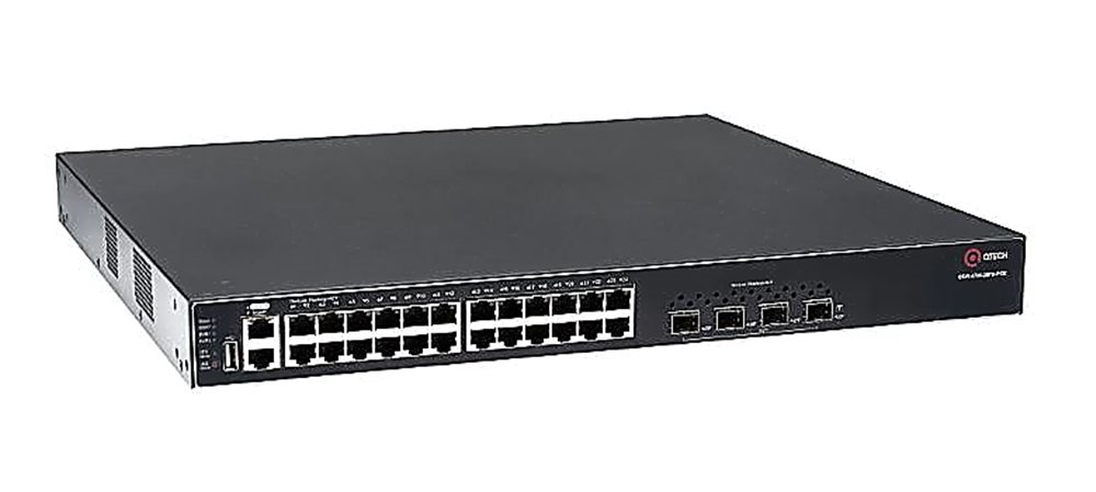 QSW-4700-28ТX-POE Коммутатор QTECH управляемый стекируемый уровня L3 с поддержкой PoE 802.3af/at, 24 порта 10/100/1000BASE-T PoE, 4 порта 10GbE SFP+, 4K VLAN, 32K MAC адресов, 1 порт USB 2.0 (на передней панели), консольный порт, порт управления MGMT, 2 с