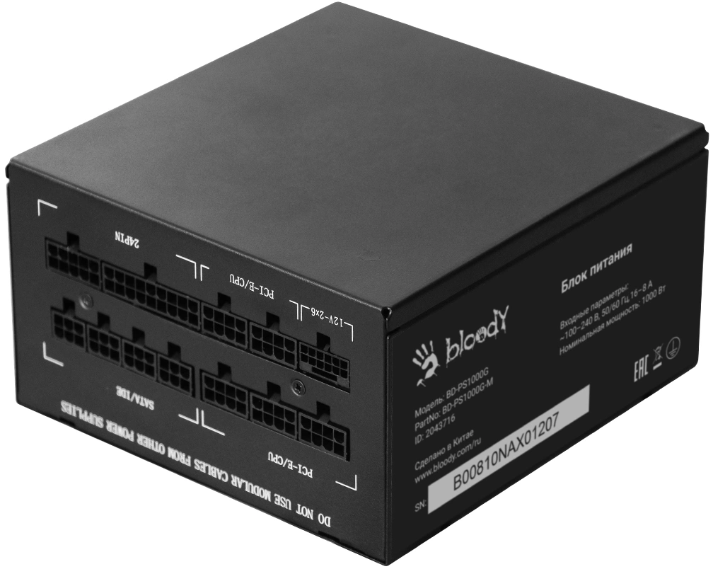 Блок питания Bloody ATX 1000W BD-PS1000G 80+ gold (20+4pin) APFC 140mm fan 12xSATA Cab Manag RTL