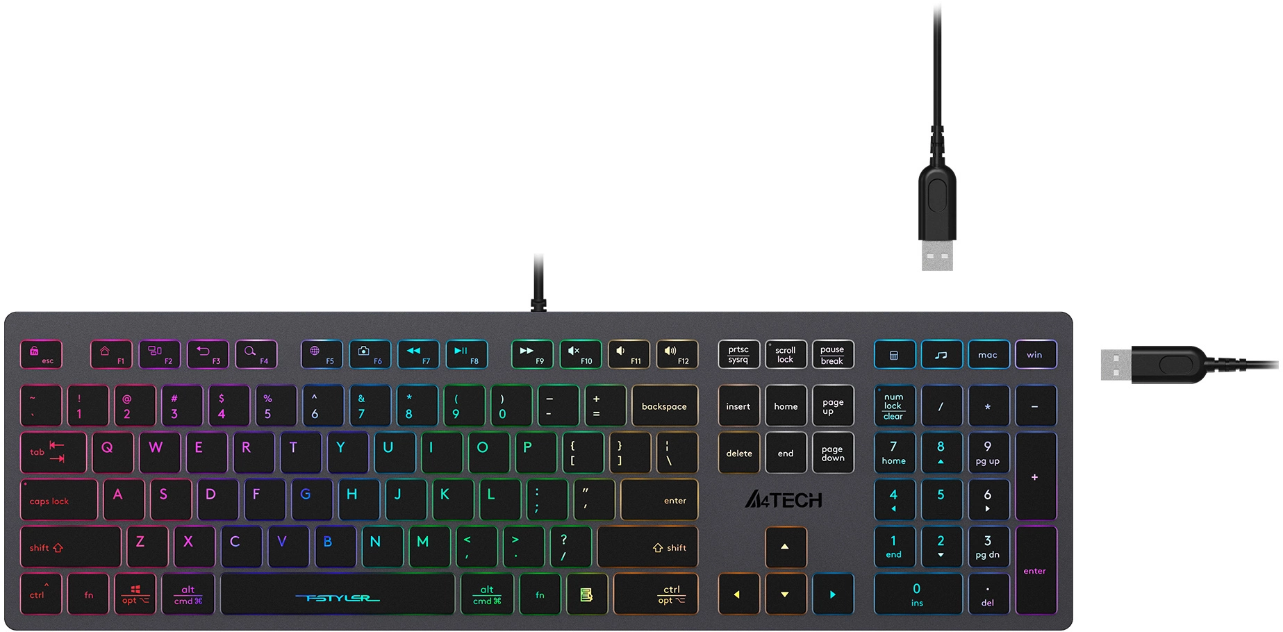 Клавиатура A4Tech FX60H серый USB slim LED (FX60H GREY/NEON) кабель 1.5м