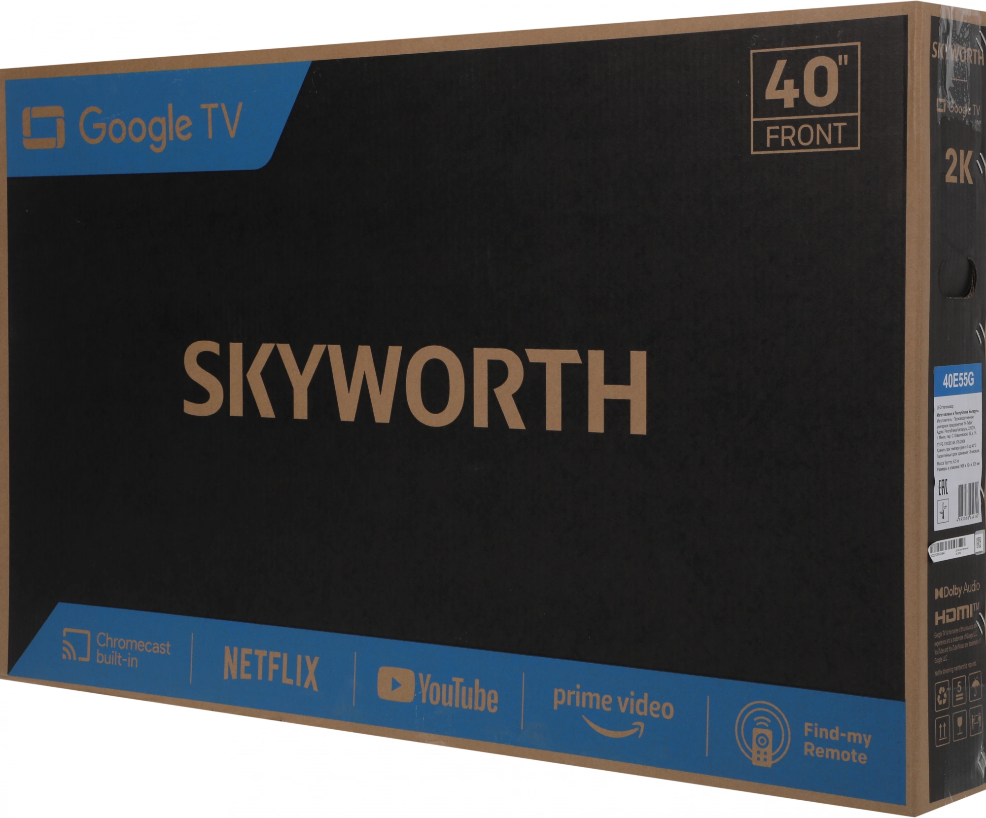 Телевизор LED Skyworth 40" 40E55G Google TV Frameless черный FULL HD 60Hz DVB-T DVB-T2 DVB-C DVB-S DVB-S2 USB WiFi Smart TV