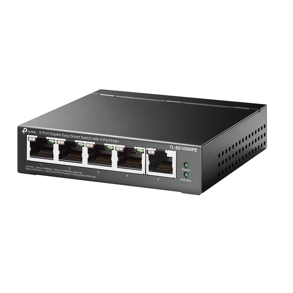 TL-SG105MPE - 5-портовый гигабитный коммутатор Easy Smart с 4 портами PoE+. Порты: 4 х гигабитных порта PoE+, 1 х гигабитный порт без PoE, TP-link