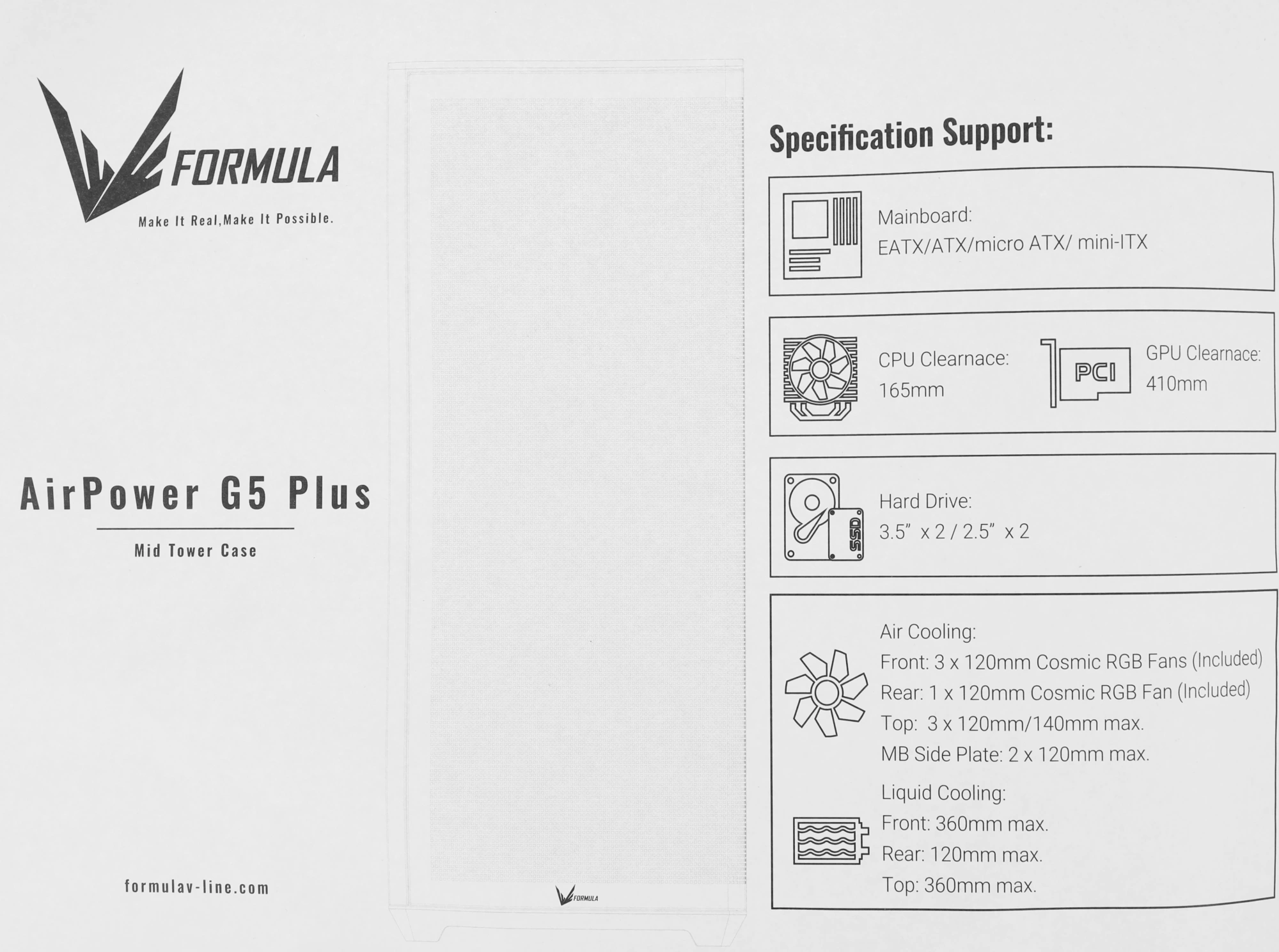 Корпус Formula Air Power G5 Plus белый без БП ATX 2xUSB2.0 audio bott PSU