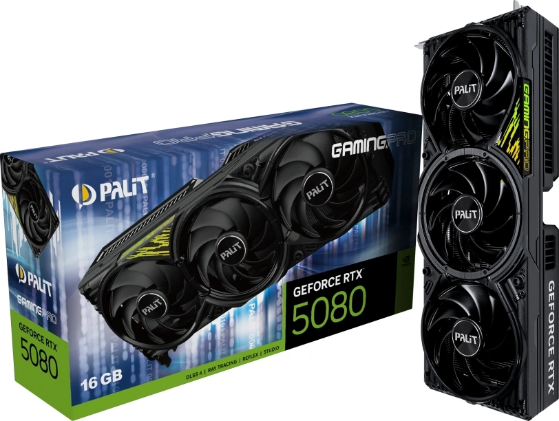 Видеокарта Palit PCI-E 5.0 PA-RTX5080 GAMINGPRO V1 NVIDIA GeForce RTX 5080 16Gb 256bit GDDR7 2295/30000 HDMIx1 DPx3 HDCP Ret