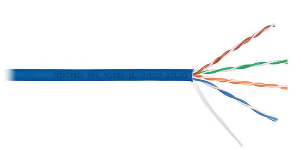 NMC 9100C-BL - Кабель NIKOMAX U/UTP 4 пары, Кат.5e (Класс D), тест по ISO/IEC, 100МГц, одножильный, BC (чистая медь), 24AWG (0,52мм), полимерный материал нг(А)-HF, внутренний, синий, 305м - гарантия: 15 лет / 25 лет системная