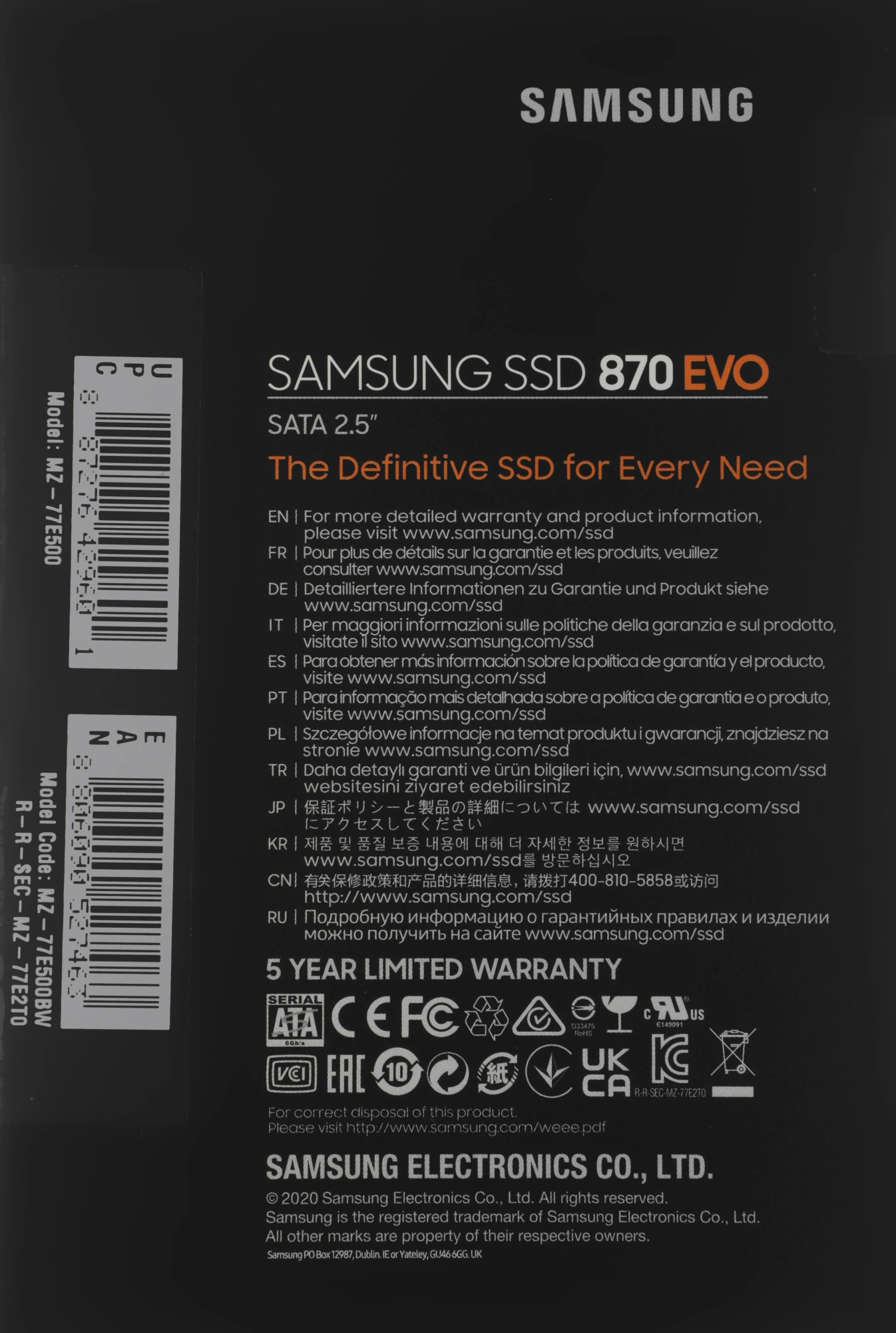 Накопитель SSD Samsung SATA-III 500GB MZ-77E500BW 870 EVO 2.5"