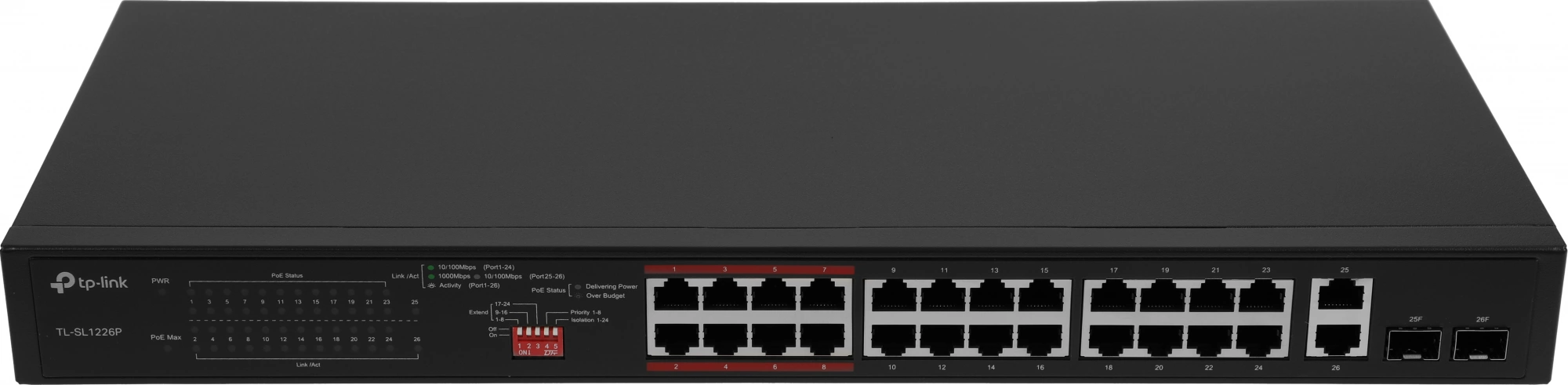 Коммутатор TP-Link TL-SL1226P (L2) 24x100Мбит/с 2x1Гбит/с 2xКомбо(1000BASE-T/SFP) 24PoE+ 250W неуправляемый