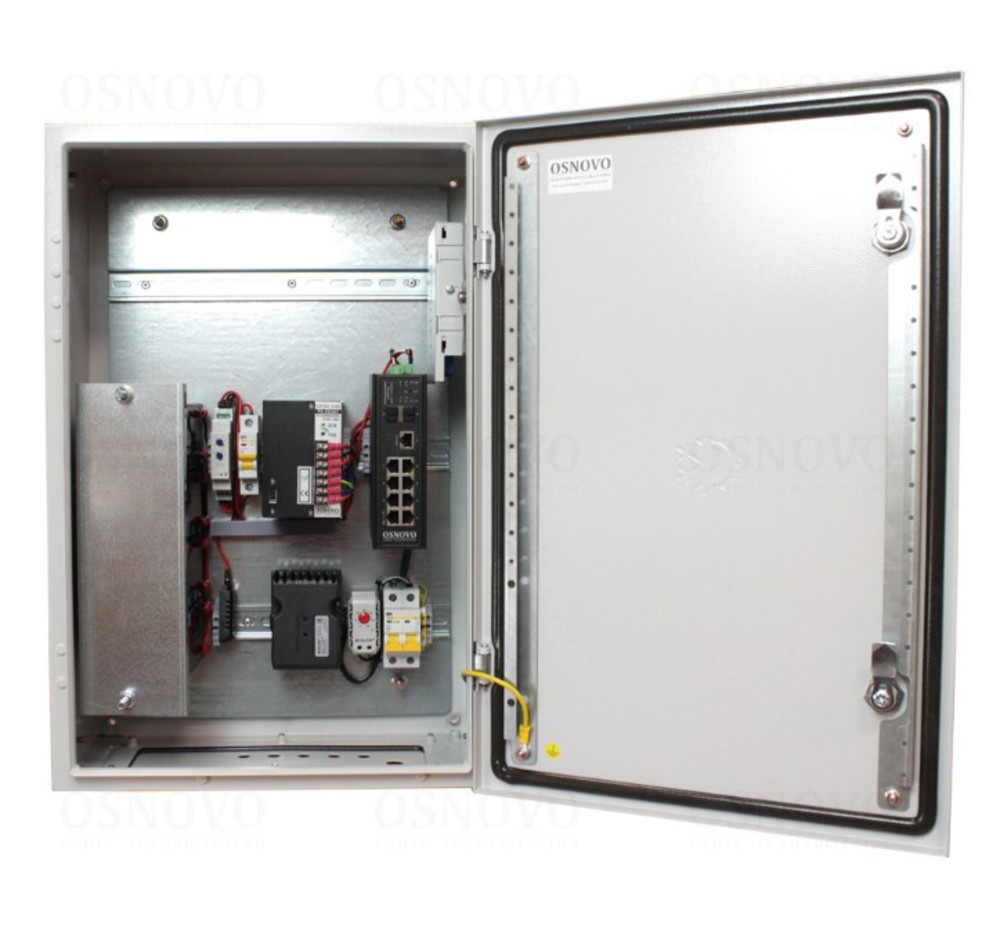 OS-46TB1(SW-80802/ILS(port 90W)) - Уличный управляемый (L2+) коммутатор на 10 портов с термостабилизацией, резервным питанием и функцией мониторинга температуры/влажности/напряжения на базе уличной станции OS-46TB1. Порты: 1 x GE (10/100/1000Base-T) с PoE