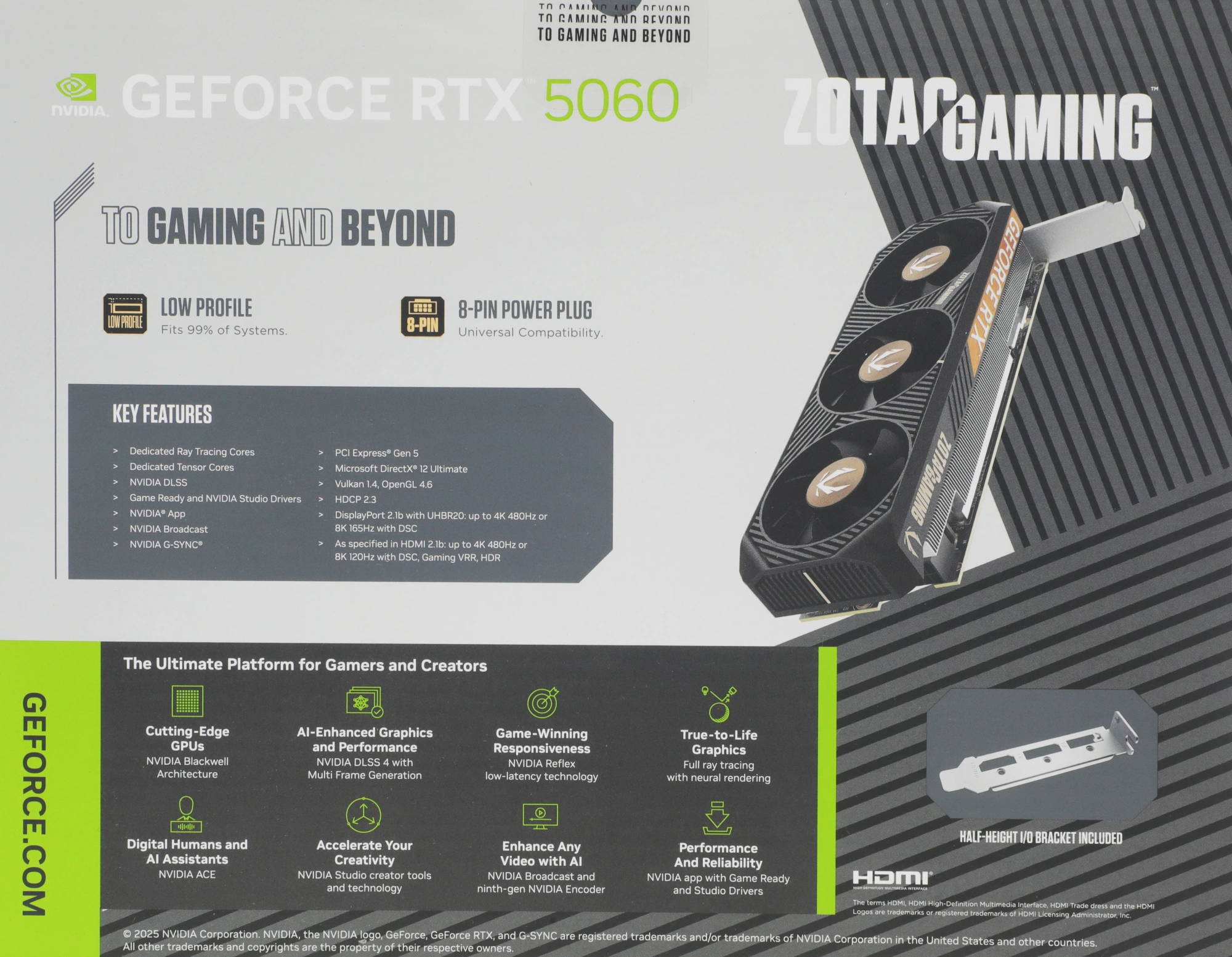 Видеокарта Zotac PCI-E 5.0 RTX 5060 LP 8GB NVIDIA GeForce RTX 5060 8Gb 128bit GDDR7 2497/28000 HDMIx1 DPx2 HDCP Ret low profile