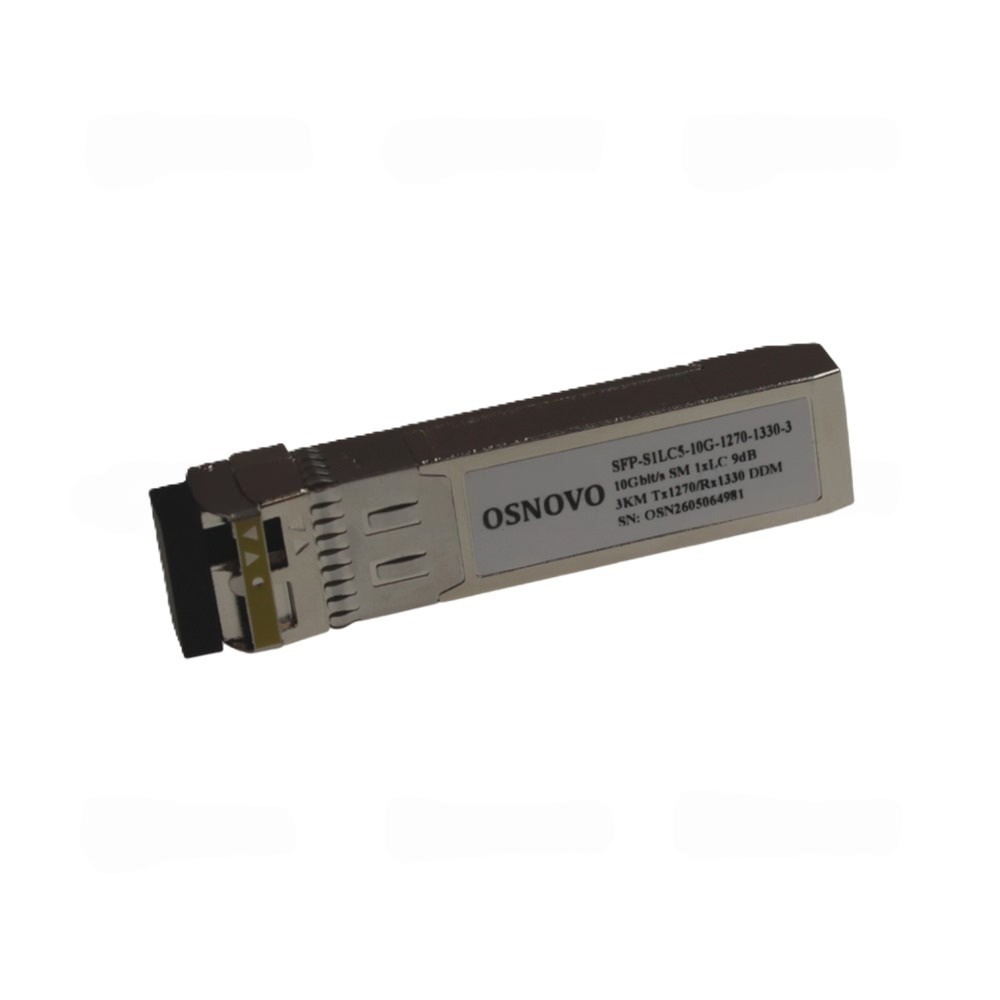 SFP-S1LC5-10G-1270-1330-3 Оптический SFP Модуль.  Одно волокно Single Mode. Скорость: до 10 Гбит/c. Тип разъема: LC. Оптический бюджет: 5 дБ. Расстояние передачи - до 3 км. Рабочая длина волны,нм - Tx:1270/Rx:1330. Поддержка DDM. Размеры (ШхВхГ): 13,7x12,