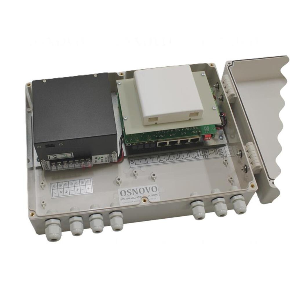 SW-80402-WM(port 90W) - Уличный Web-управляемый PoE коммутатор на 6 портов. Функция мониторинга температуры/влажности. Порты: 4 x GE (10/100/1000Base-T) с PoE (до 90W) + 2 x GE SFP (1000Base-X). Соответствует стандартам PoE IEEE 802.3af/at/bt. Автоматичес