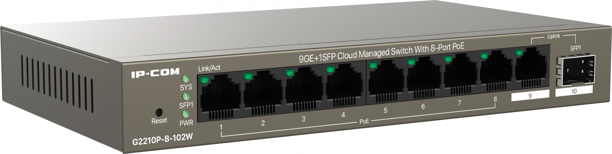 Коммутатор IP-Com G2210P-8-102W (L2) 9x1Гбит/с 1xКомбо(1000BASE-T/SFP) 1SFP 8PoE 92W неуправляемый