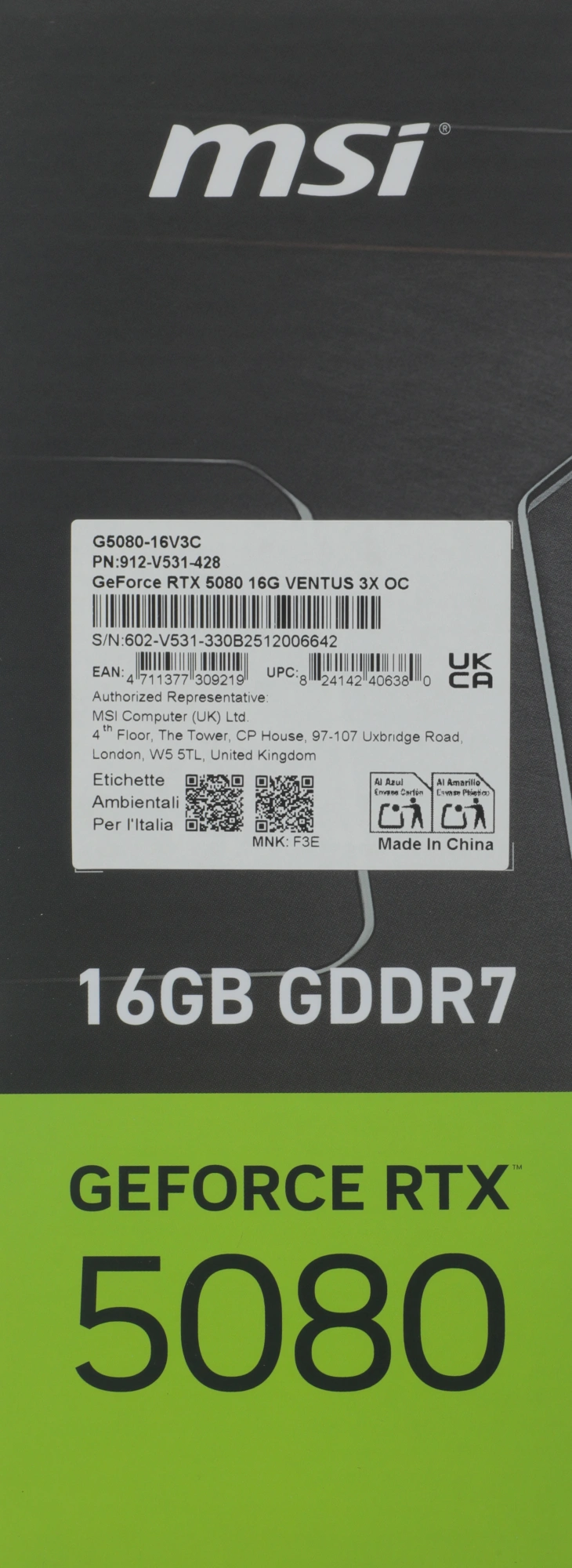 Видеокарта MSI PCI-E 5.0 RTX 5080 16G VENTUS 3X OC NVIDIA GeForce RTX 5080 16Gb 256bit GDDR7 2640/30000 HDMIx1 DPx3 HDCP Ret