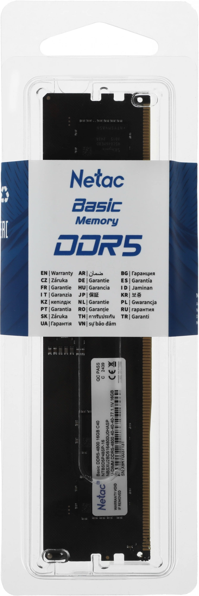 Память DDR5 16GB 4800MHz Netac NTBSD5P48SP-16 Basic RTL Gaming PC5-38400 CL40 DIMM 288-pin 1.1В Intel single rank Ret