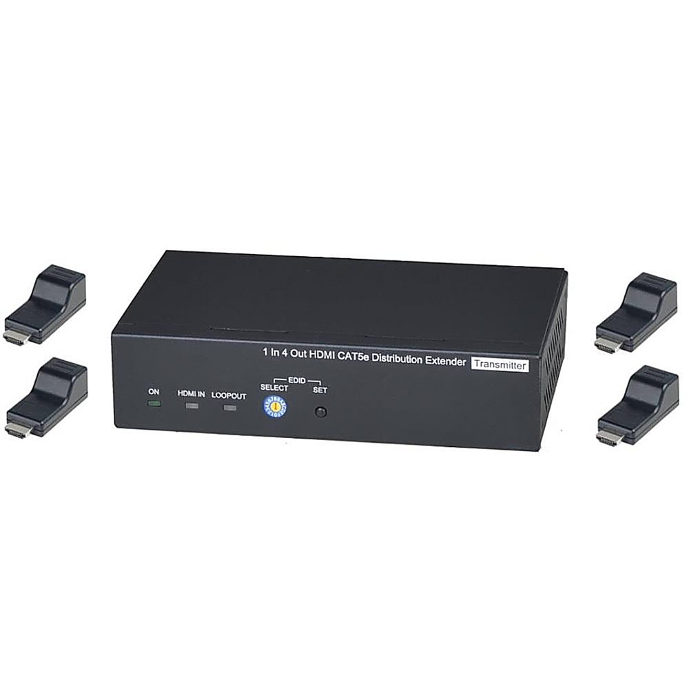 HE04SEK - Комплект (удлинитель-распределитель+4 приёмника) HDMI 1.4 (1 вход/4 выхода) с передачей по кабелю витой пары CAT5e на удалённые приёмники. Расстояние передачи до 40 м (1080p), до 70м (720p).