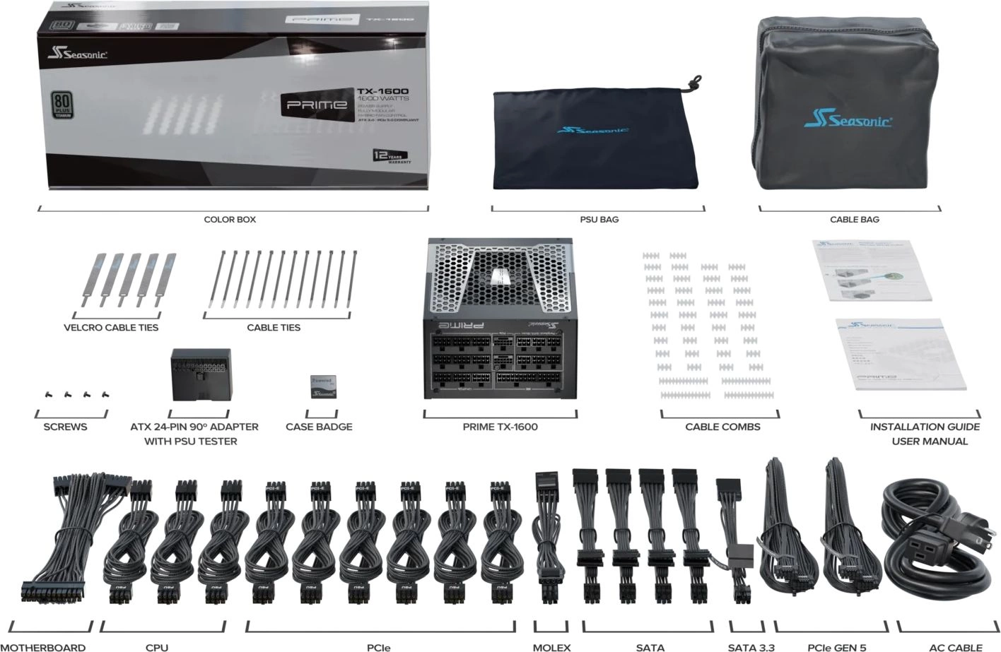 Блок питания Seasonic ATX 1600W PRIME TX-1600 Gen.5 80+ titanium (20+4pin) APFC 135mm fan 18xSATA Cab Manag RTL