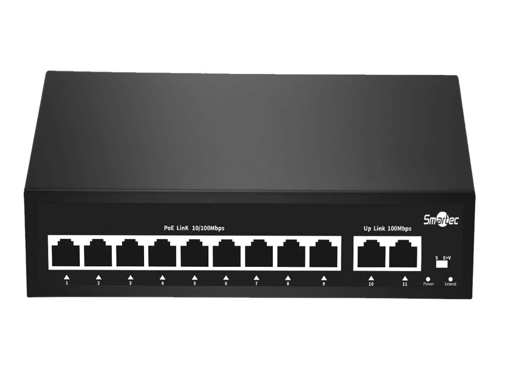 ST-NS209MB-MD - Неадминистрируемый коммутатор, 9 RJ-45 POE портов (10/100 Мбит/с), 2 RJ-45 Uplink порта (10/100 Мбит/с), бюджет на порт до 30 Вт, общий бюджет до 90Вт.