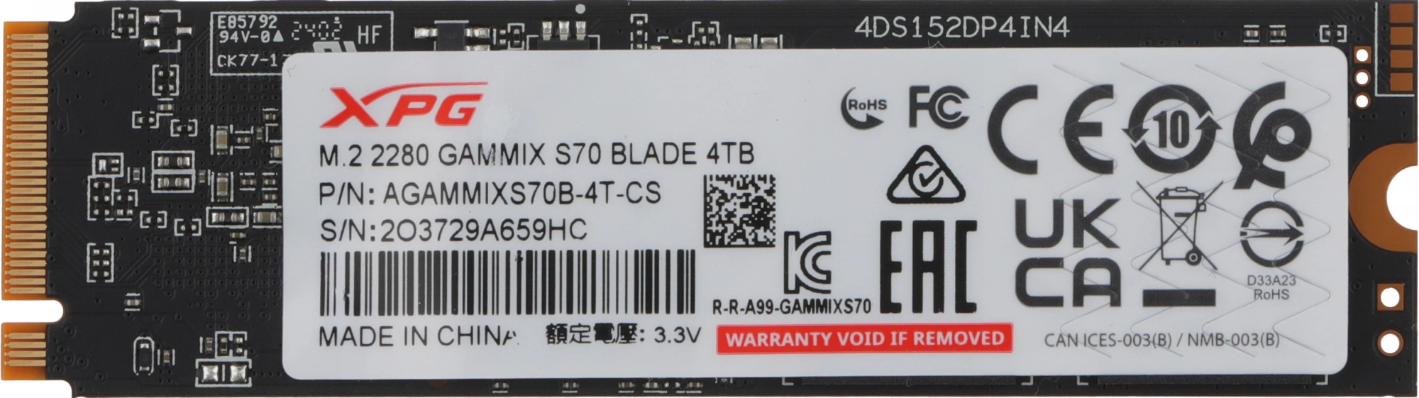 Накопитель SSD A-Data PCIe 4.0 x4 4TB AGAMMIXS70B-4T-CS XPG Gammix S70 Blade M.2 2280