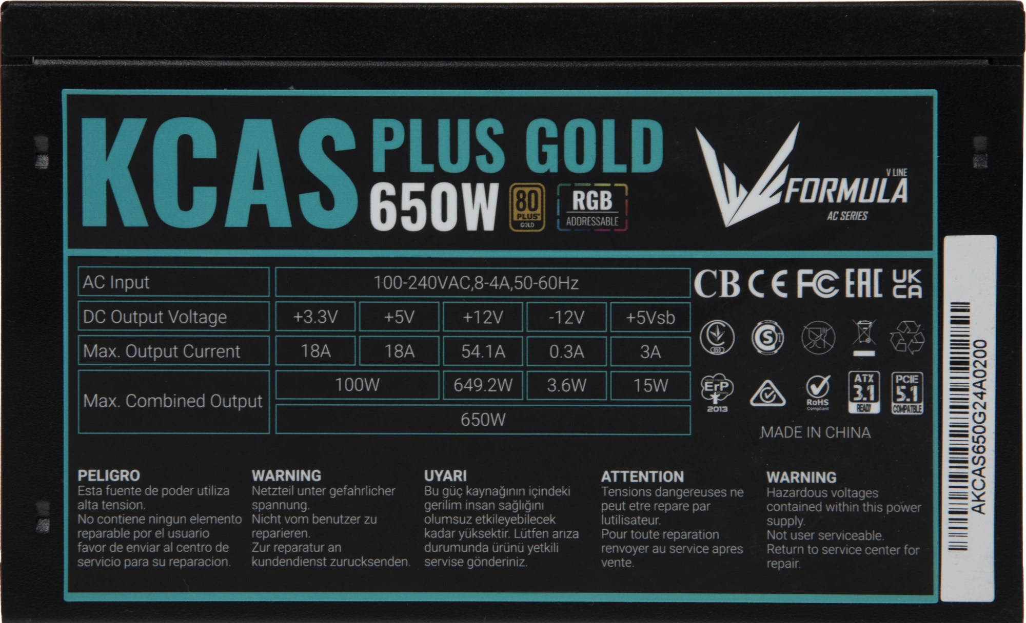 Блок питания Formula ATX 650W AC KCAS PLUS GOLD 650W RGB 80+ gold (20+4pin) APFC 120mm fan color LED 6xSATA RTL