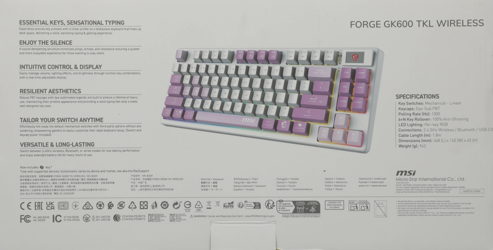 Клавиатура MSI GK600 механическая белый/фиолетовый USB беспроводная BT/Radio Multimedia for gamer LED (S11-43RUQ01-HH9) кабель 1.8м