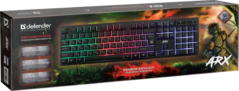 Клавиатура Defender Arx GK-196L RU черный USB for gamer LED (45196) кабель 1.5м
