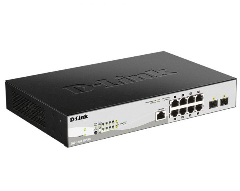 DGS-1210-10P/ME/A1A Управляемый L2 коммутатор с 8 портами 10/100/1000Base-T и 2 портами 1000Base-X SFP (8 портов PoE 802.3af/at, PoE-бюджет 78 Вт)