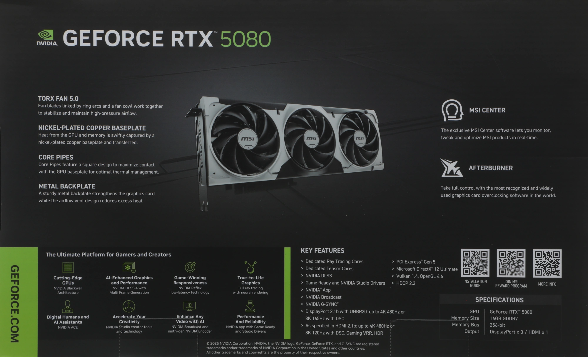 Видеокарта MSI PCI-E 5.0 RTX 5080 16G VENTUS 3X OC PLUS NVIDIA GeForce RTX 5080 16Gb 256bit GDDR7 2640/30000 HDMIx1 DPx3 HDCP Ret