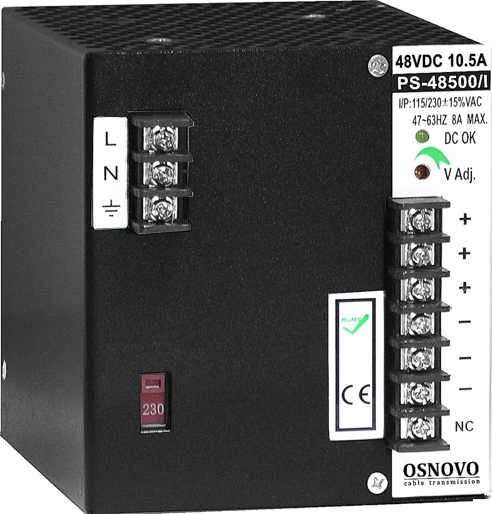PS-48500/I - Промышленный блок питания OSNOVO. DC48V, 10,5A (500W). Диапазон входных напряжений: AC195-265V. КПД: 85%. Регулировка выходного напряжения в диапазоне 44-53V. Защита от короткого замыкания, перенапряжения и перегрузки.
