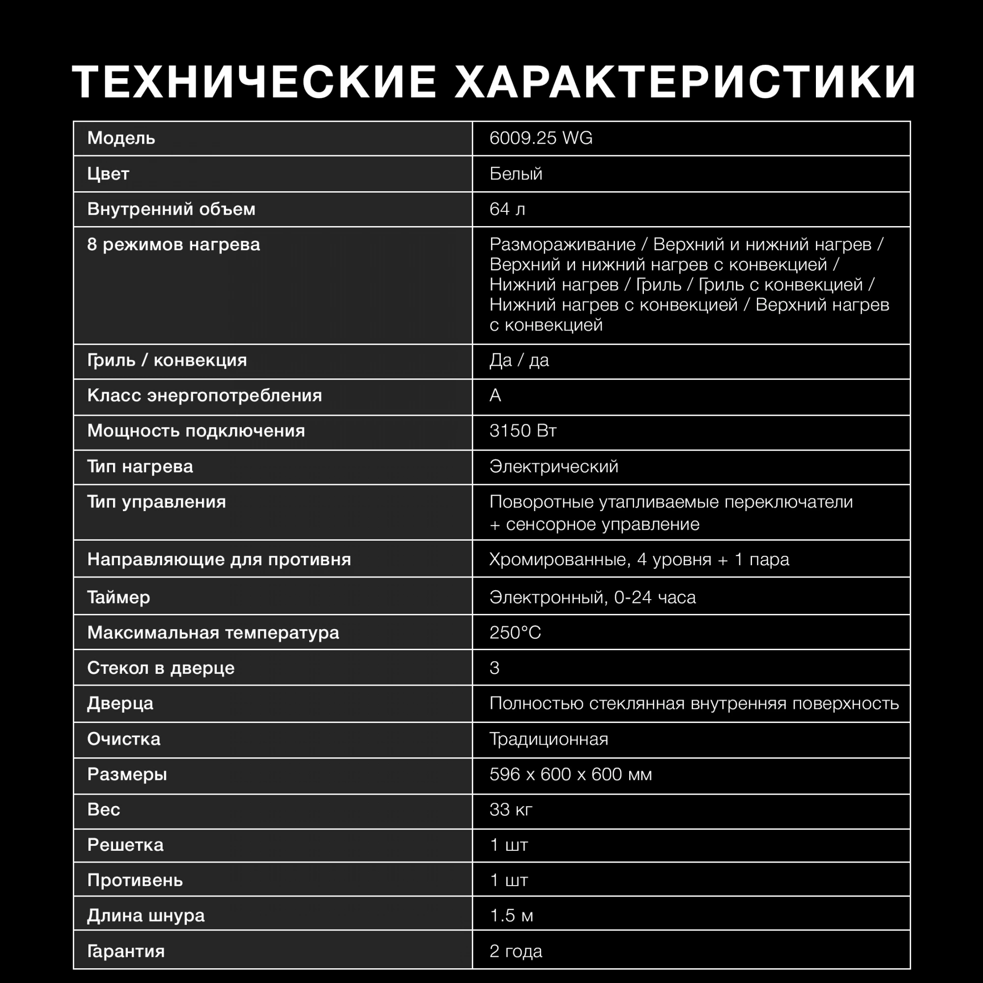 Духовой шкаф Электрический Hyundai 6009.25 WG белый стекло