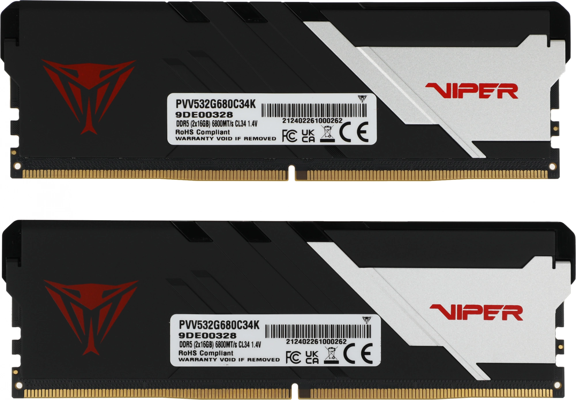 Память DDR5 2x16Gb 6800MHz Patriot PVV532G680C34K Viper Venom RTL Gaming PC5-54400 CL34 DIMM 288-pin 1.4В с радиатором Ret