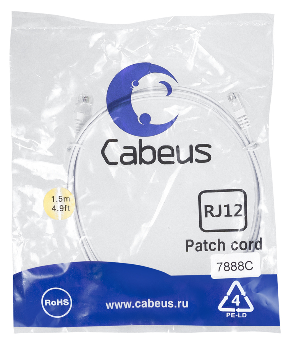 Cabeus PC-TEL-RJ12-1.5m - Патч-шнур телефонный 2х6р4с , белый , ПВХ , 1,5 м