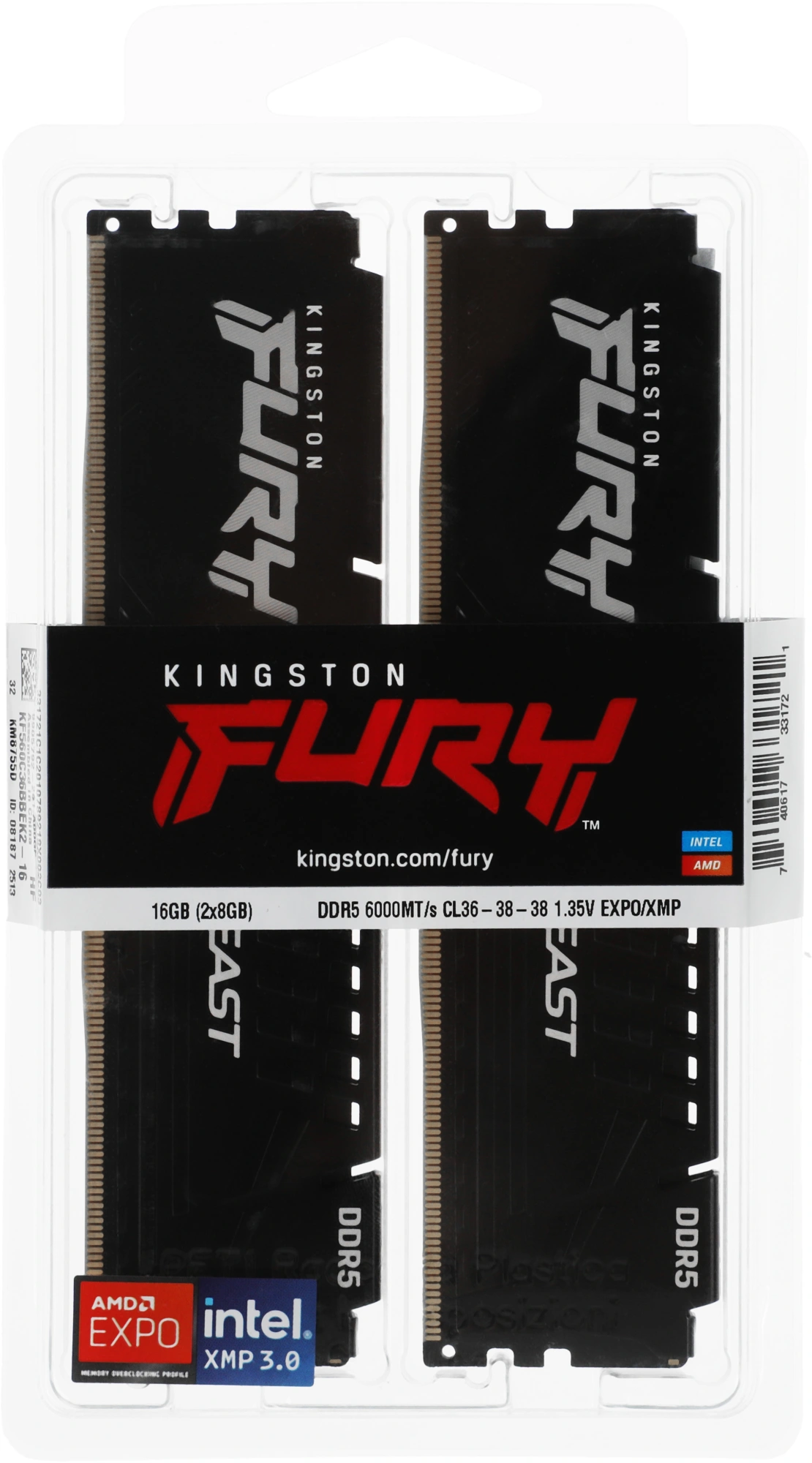Память DDR5 2x8Gb 6000MHz Kingston KF560C36BBEK2-16 Fury Beast RTL Gaming PC5-48000 CL36 DIMM 288-pin 1.35В с радиатором Ret