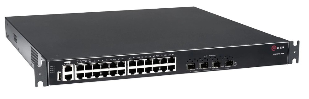 QSW-4700-28TX - Управляемый стекируемый коммутатор уровня L3, 24 порта 10/100/1000 BASE-T, 4 порта 10GbE SFP+, 4K VLAN, 32K MAC адресов, консольный порт, 1 MGMT порт, 1 порт USB 2.0 (на передней панели), 2 сменных БП (поставляются отдельно), разъем питани