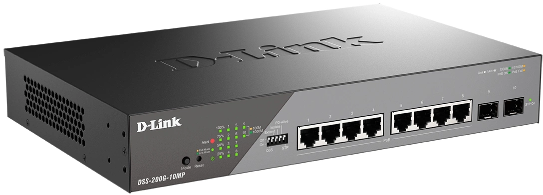 Коммутатор D-Link DSS-200G-10MP/A1A (L2) 8x1Гбит/с 2SFP 8PoE+ 130W настраиваемый