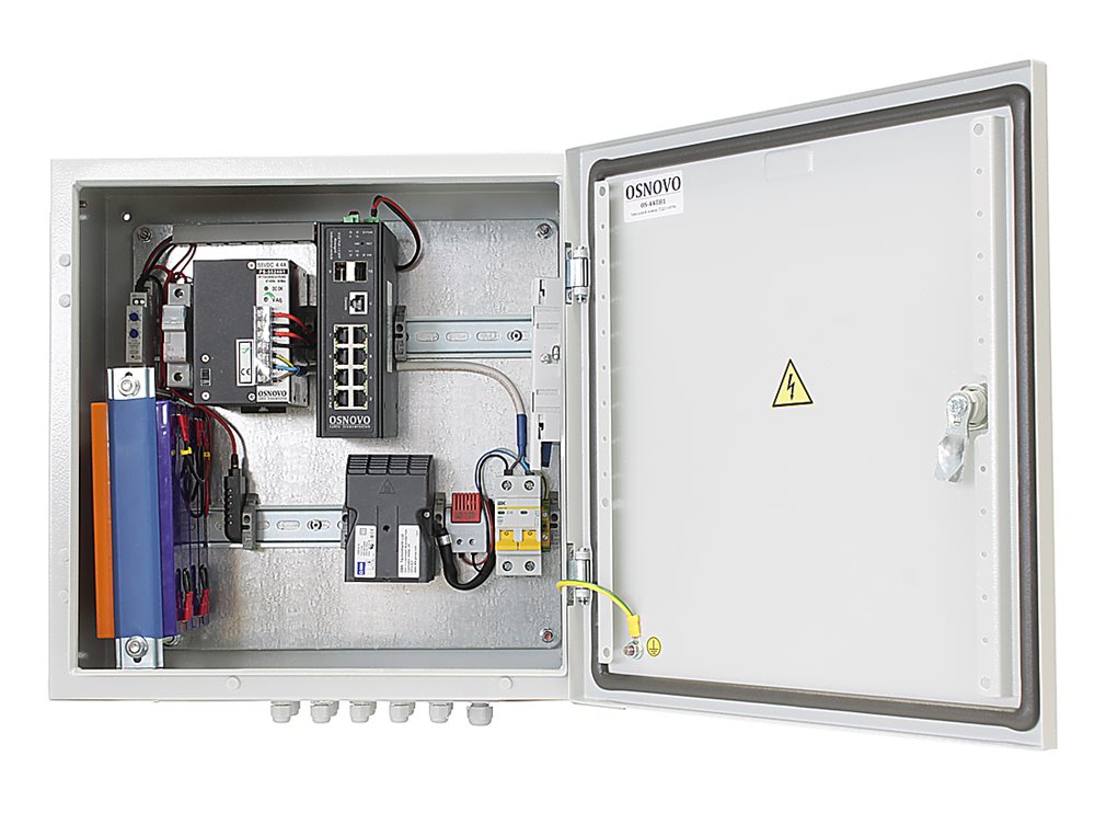 OS-44TB1(SW-80802/ILS(port 90W)) - Уличный управляемый (L2+) коммутатор на 10 портов с термостабилизацией, резервным питанием и функцией мониторинга температуры/влажности/напряжения на базе уличной станции OS-44TB1. Порты: 1 x GE (10/100/1000Base-T) с PoE