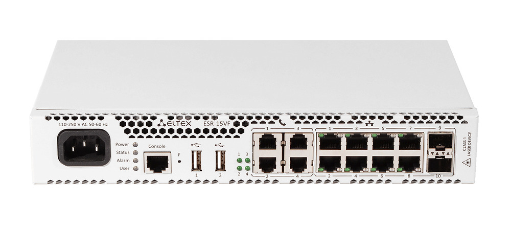 ESR-15VF - Сервисный маршрутизатор, 8×10/100/1000BASE-T, 2×1000BASE-X SFP, 2×USB 2.0, 4×FXS, 1хRS-232 (RJ-45), 4 ГБ RAM, 8 ГБ Flash, 220V AC, Eltex