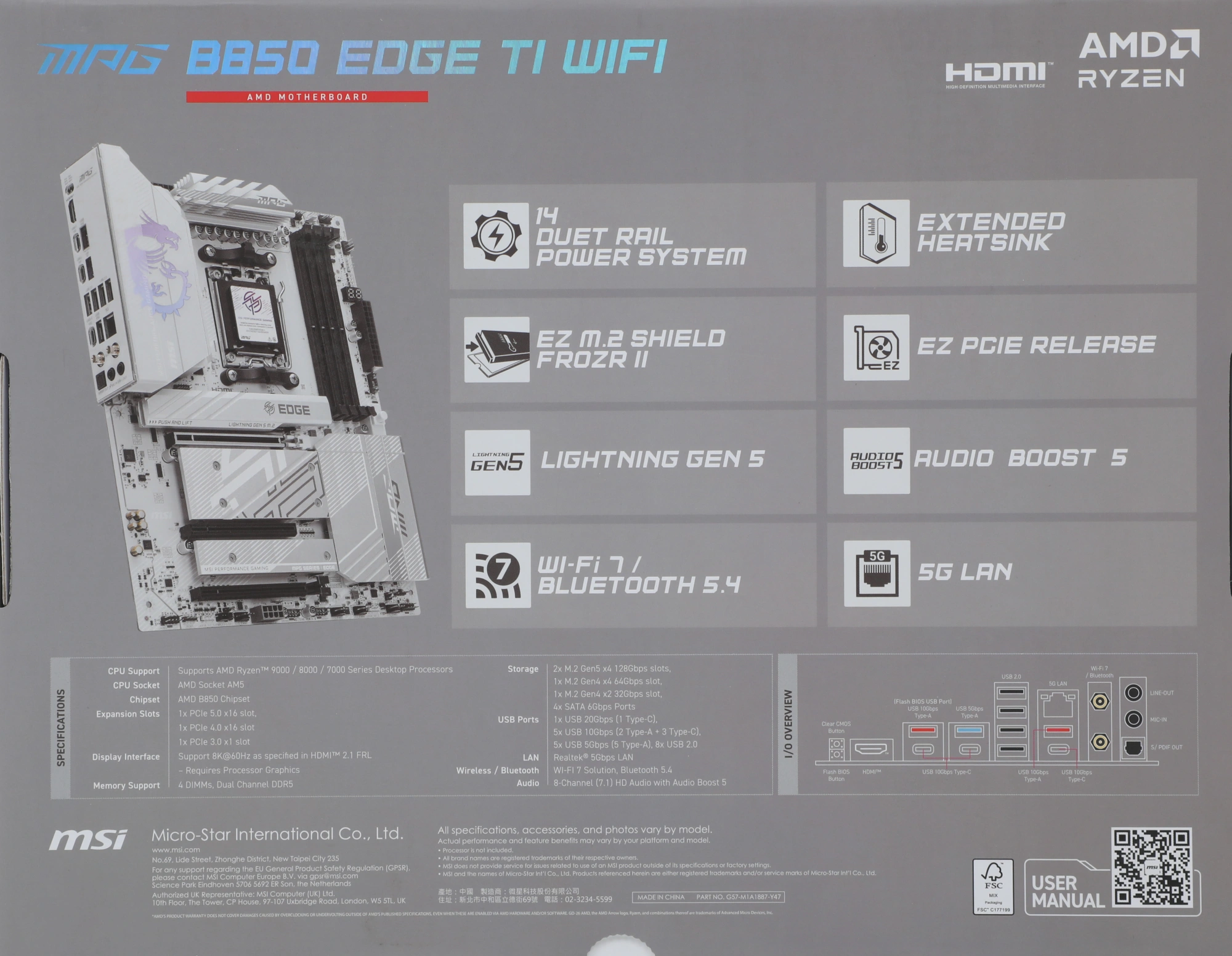 Материнская плата MSI MPG B850 EDGE TI WIFI Socket AM5 AMD B850 4xDDR5 ATX AC`97 8ch(7.1) 5Gigabit RAID+HDMI