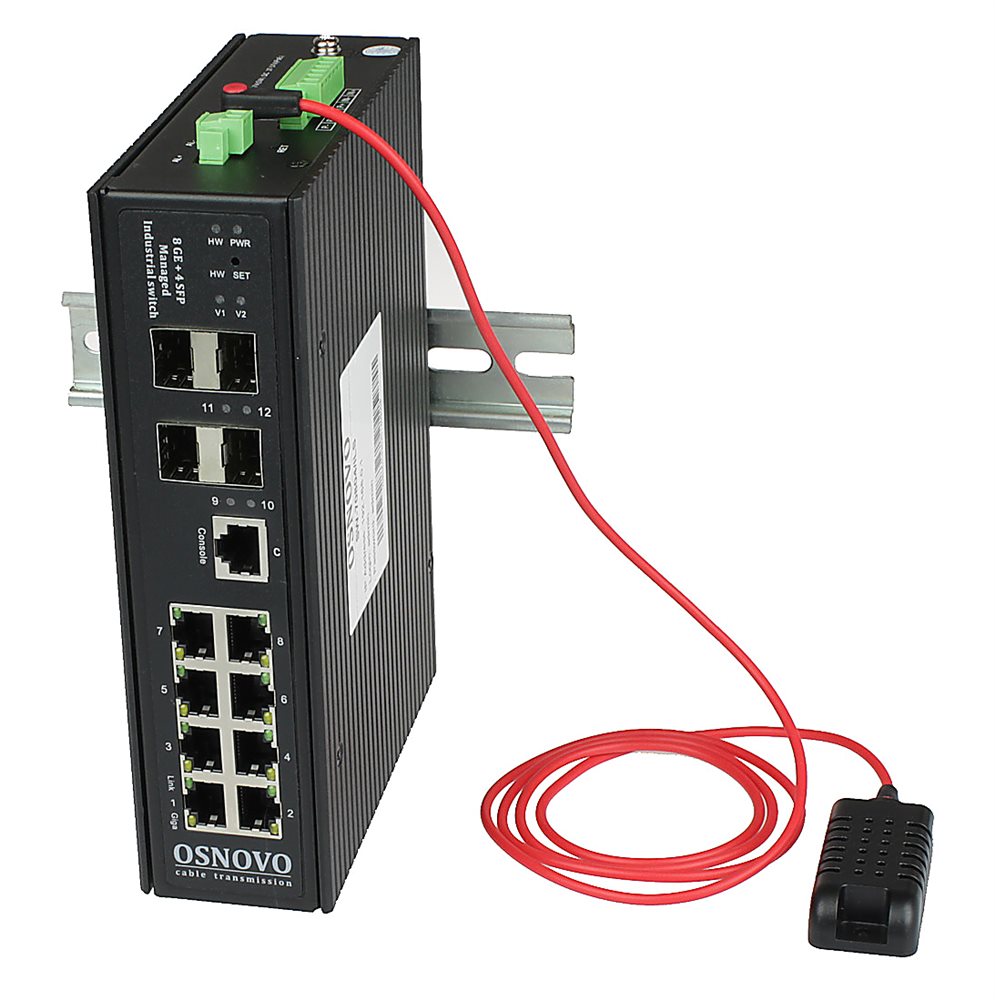 SW-70804/ILS - Промышленный управляемый (L2+) коммутатор OSNOVO Gigabit Ethernet на 8GE RJ45 + 4 GE SFP порта с функцией мониторинга температуры/влажности/напряжения. Порты: 8 x GE (10/100/1000Base-T) + 4 x GE SFP (1000Base-X). Уровень управления L2+