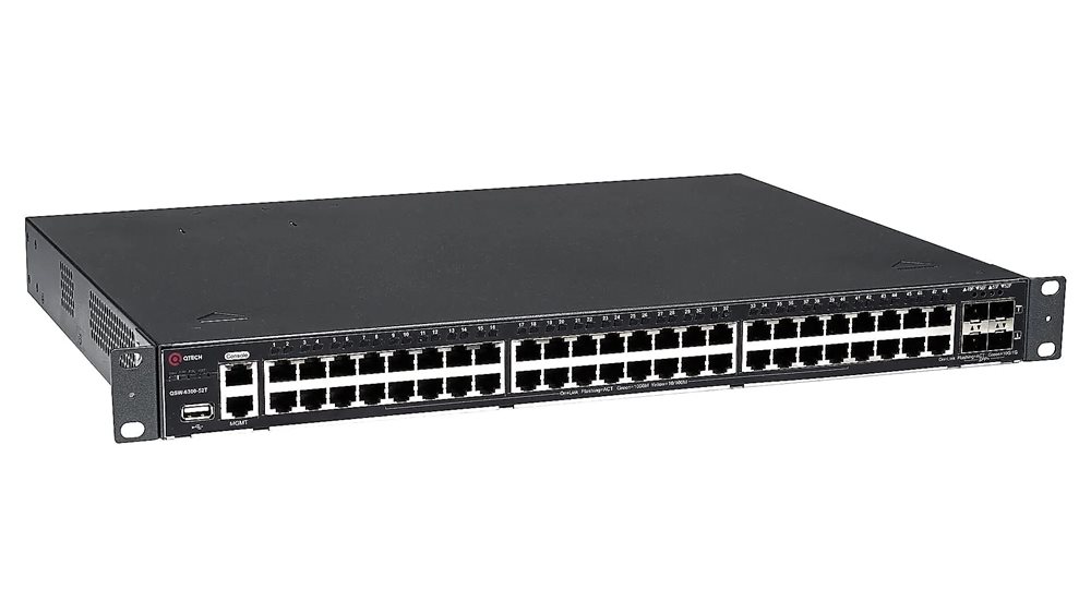 QSW-6300-52T Коммутатор QTECH управляемый L3 48 портов 10/100/1000 BASE-T, 4 порта 10GbE SFP+, 4K VLAN, 64K MAC адресов, 1 порт USB 2.0, консольный порт, порт управления MGMT, 2 встроенных блока охлаждения, 2 сменных БП (поставляются отдельно)