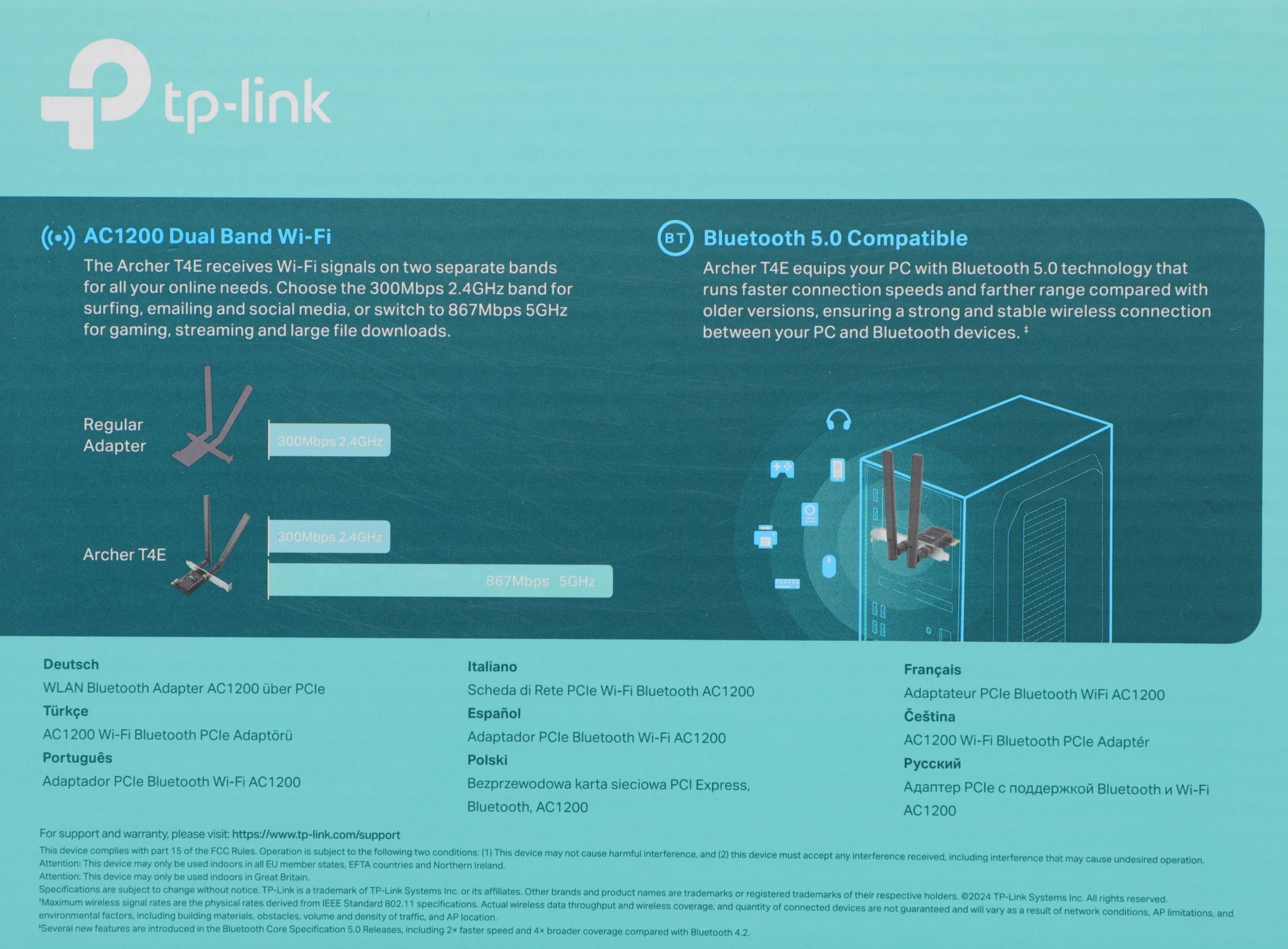 Сетевой адаптер Wi-Fi TP-Link Archer T4E AC1200 PCI Express (ант.внеш.съем) 2ант.