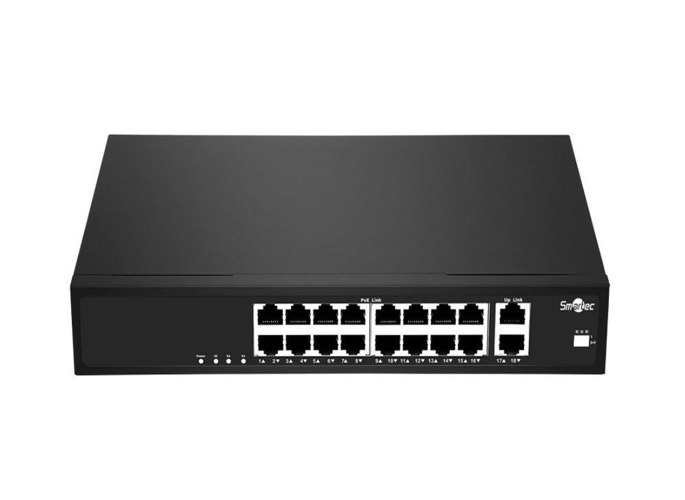 ST-NS216MB-GD - Неадминистрируемый коммутатор, 16 RJ-45 POE портов (10/100 Мбит/с), 2 RJ-45 Uplink порта (1000 Мбит/с), бюджет на порт до 30 Вт, общий бюджет до 175 Вт.
