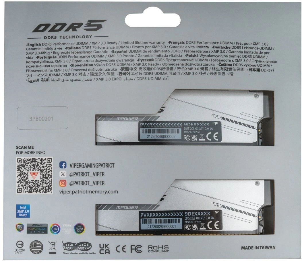Память DDR5 2x16GB 6000MHz Patriot PVXR532G60C30KM Viper Xtreme 5 RGB RTL Gaming PC5-48000 CL30 DIMM 288-pin 1.35В с радиатором Ret