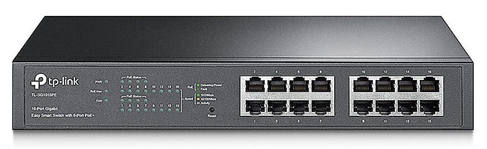 Коммутатор TP-LINK TL-SG1016PE 16 x RJ45 Easy Smart гигабитный 16-портовый PoE+, настольный/монтируемый в стойку, 16 гигабитных портов, из них 8 портов PoE+, поддержка стандарта 802.3af/at, общий бюджет PoE: 110Вт