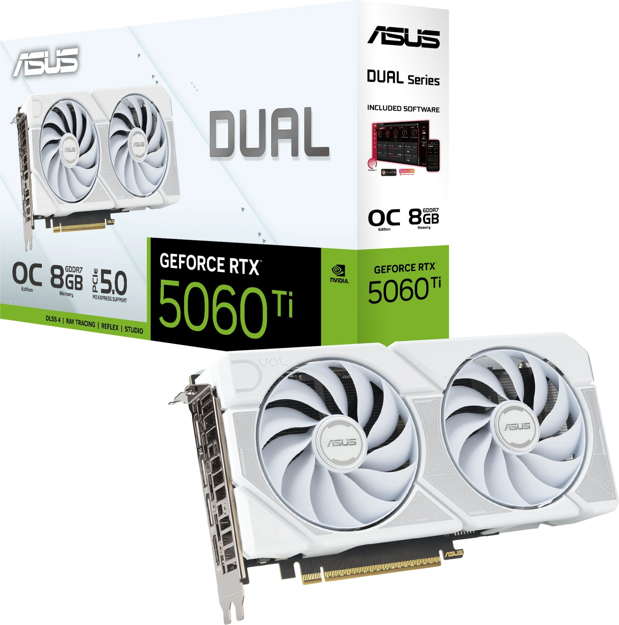 Видеокарта Asus PCI-E 5.0 DUAL-RTX5060TI-O8G-WHITE NVIDIA GeForce RTX 5060TI 8Gb 128bit GDDR7 2602/28000 HDMIx1 DPx3 HDCP Ret