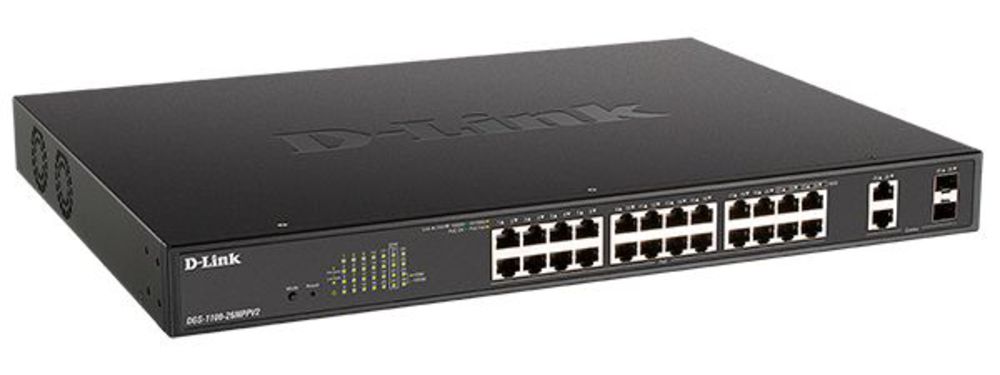 DGS-1100-26MPPV2/A3A Настраиваемый L2 коммутатор с 24 портами 10/100/1000Base-T и 2 комбо-портами 1000Base-T/SFP (порты 1-24 PoE 802.3af/at, порты 21-24 PoE 802.3bt, PoE-бюджет 525 Вт)