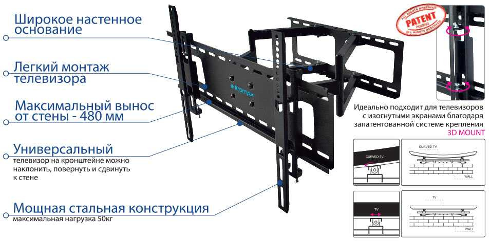 Кронштейн для телевизора Kromax ATLANTIS-80 черный 32"-75" макс.50кг настенный поворотно-выдвижной и наклонный