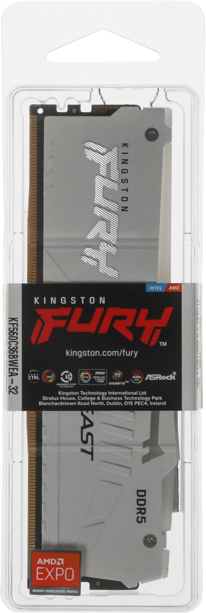 Память DDR5 32GB 6000MHz Kingston KF560C36BWEA-32 Fury Beast White Expo RGB RTL Gaming PC5-48000 CL36 DIMM 288-pin 1.35В dual rank с радиатором Ret