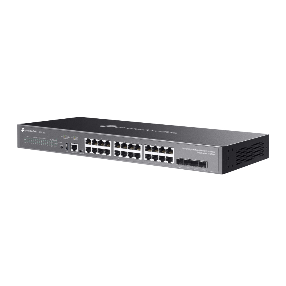 SG5428X - Omada 24-портовый гигабитный управляемый стекируемый коммутатор Lite L3 c 4 слотами 10G SFP+. Порты: 24 х гигабитных порта RJ45, 4 х слота 10G SFP+, консольный порт RJ45/USB Type-C, 1 х порт USB 2.0, TP-link